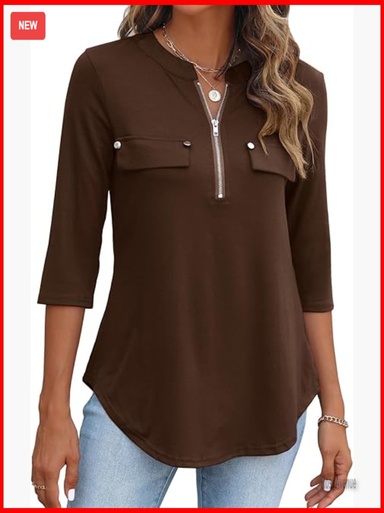 V Neck 3/4 Sleeve Flowy Tunic Blouse With Zippers Work Top
